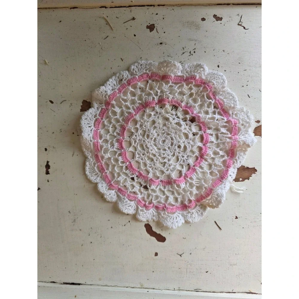 Lot of 5 Vintage Crochet Doilies Pink White Cream Lace Table Decor